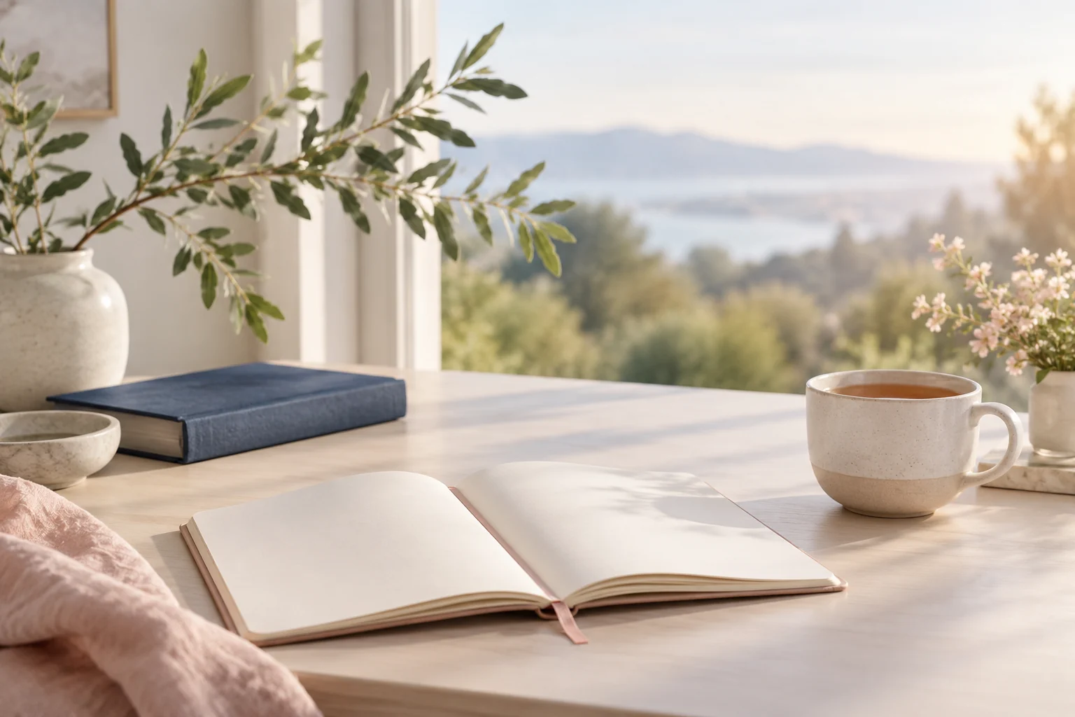 Notebook and tea in a peaceful study setting