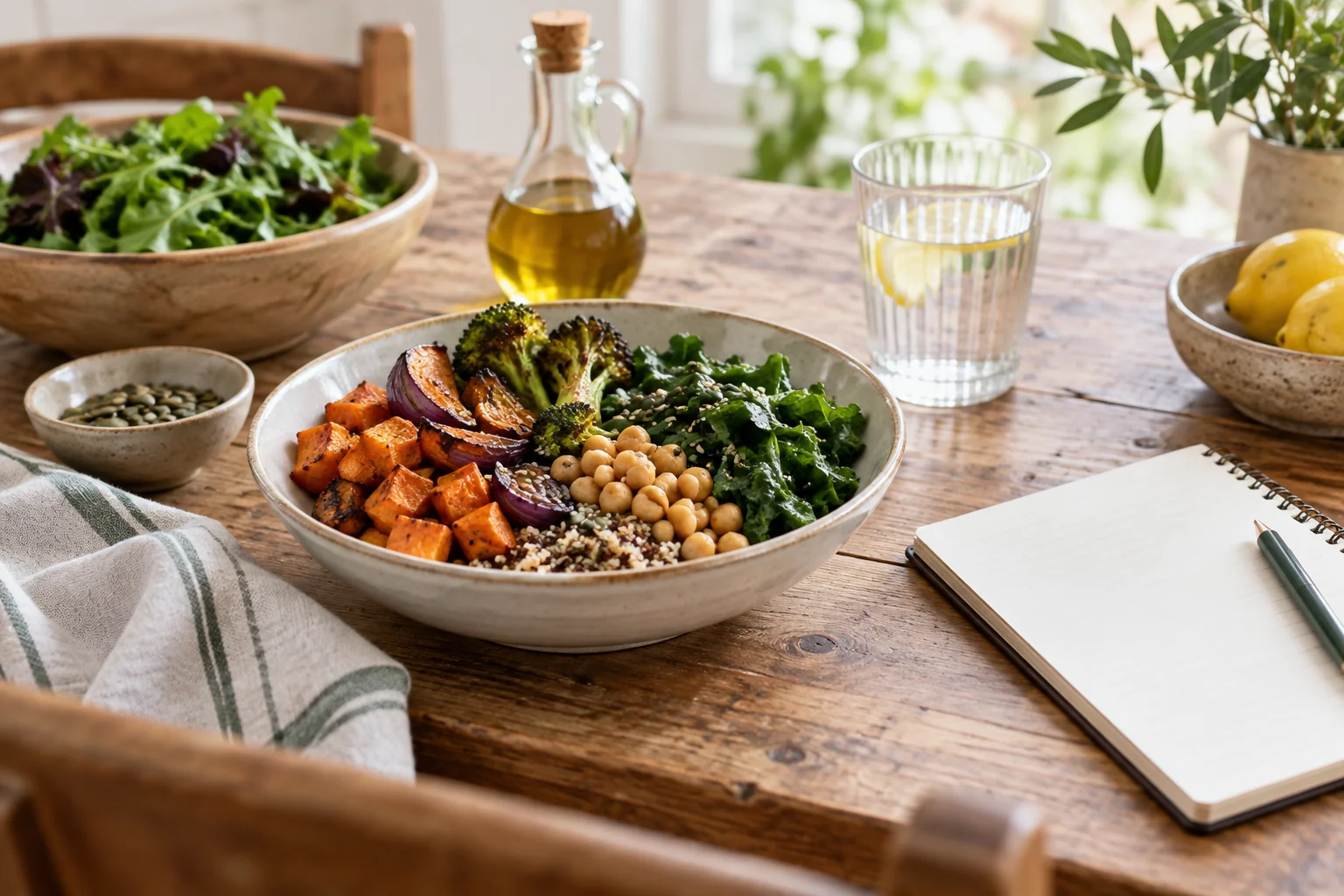 Colorful meal and notebook