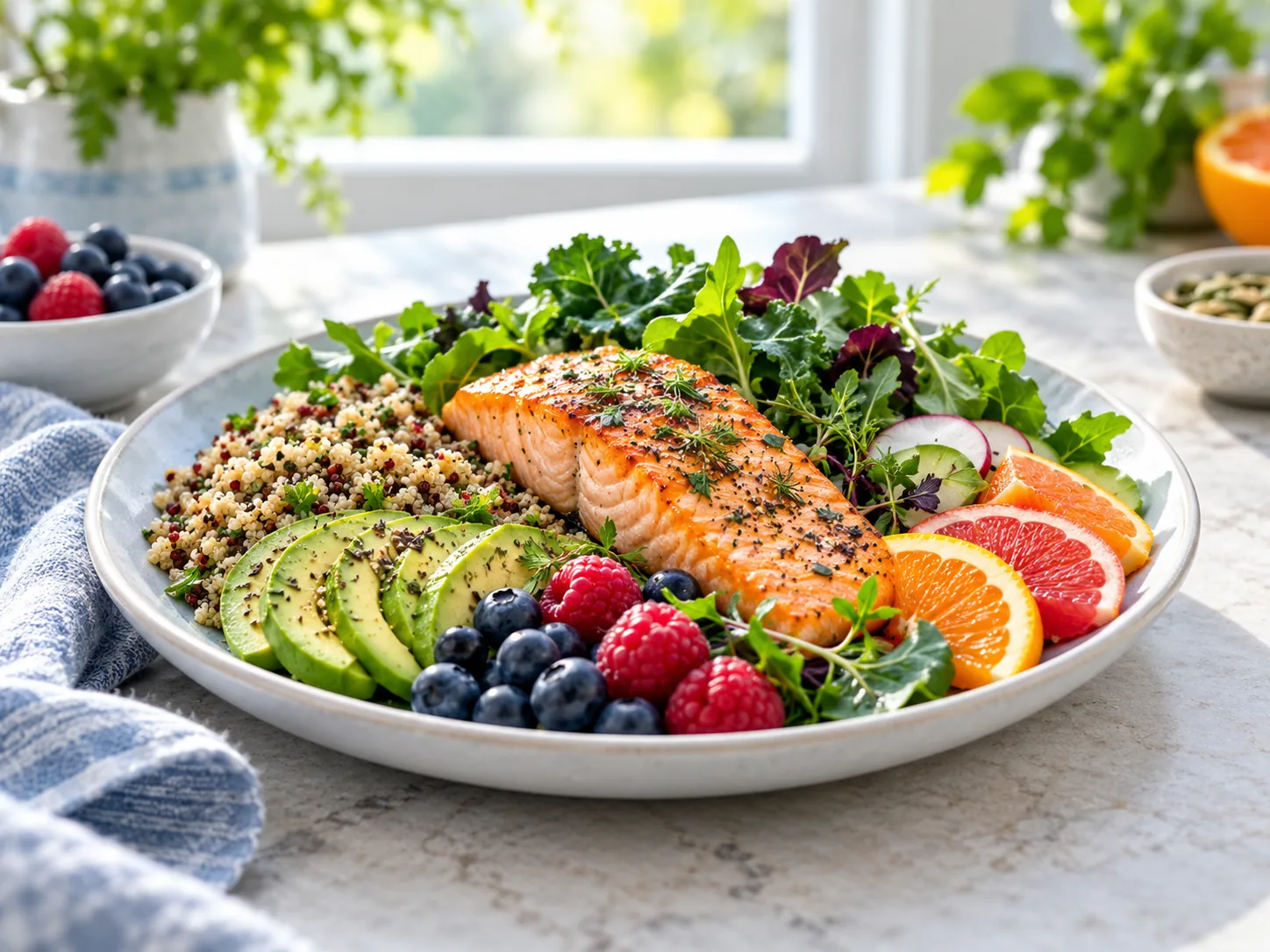 Colorful meal with vegetables and salmon