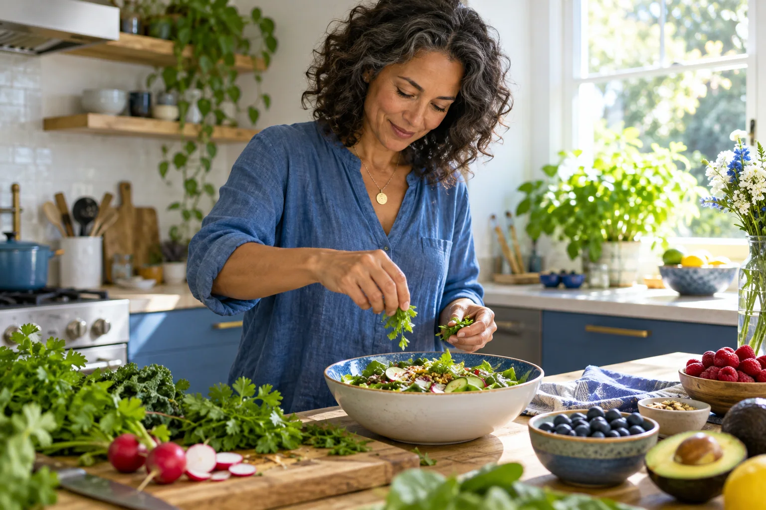 Woman preparing a nourishing meal in a sunlit kitchen