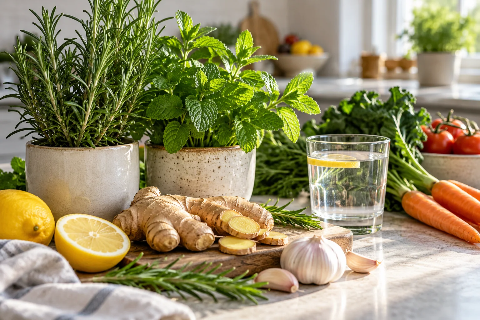 Fresh herbs, ginger, and vegetables in a bright kitchen